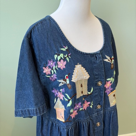 Vintage Denim Embroidered Grandmacore Hummingbird Maxi Dress Sz M - Picture 3 of 16